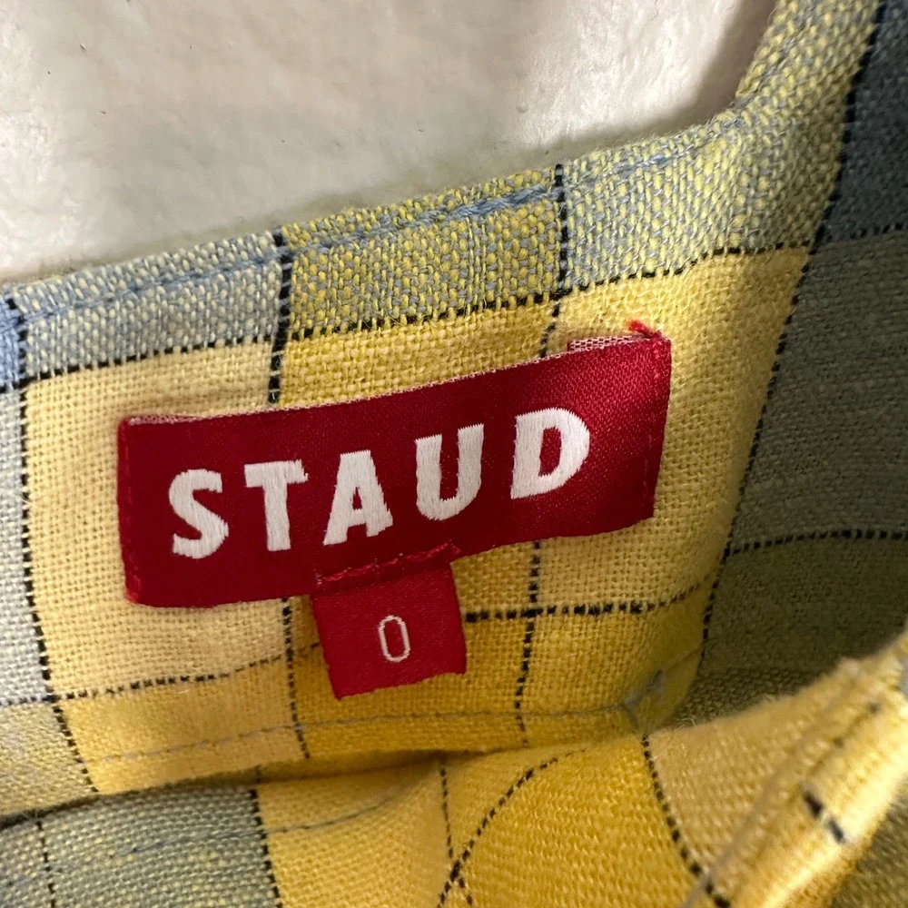 STAUD Dock Top in Coastal Blue Check Size 0 NWOT Plaid Peplum‎ Top Linen Blend